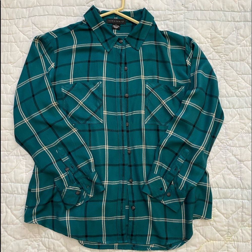 Sanctuary dark green/black/tan plaid boyfriend button shown, soft & comfy size L